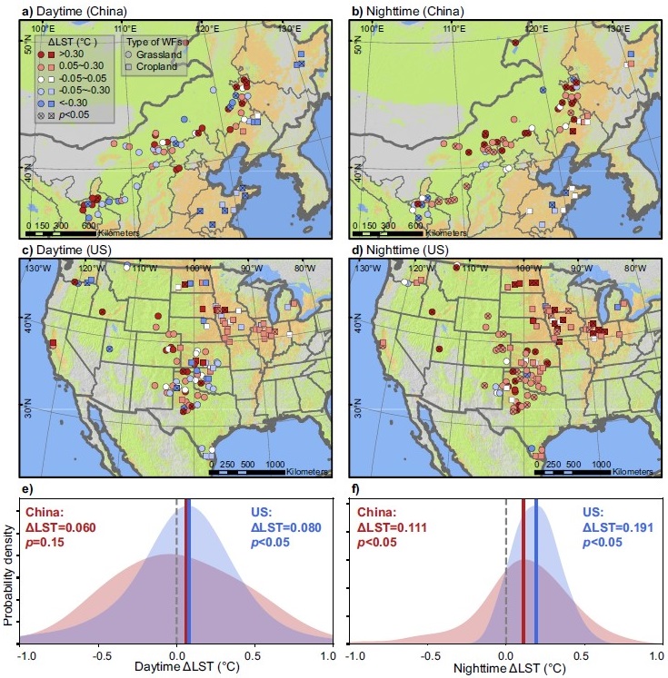 图1.中美草地和农田风电场对昼夜地表温度影响的空间格局。