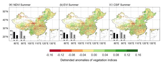 图2. 多源遥感植被生长指数2022年去趋势的空间格局。